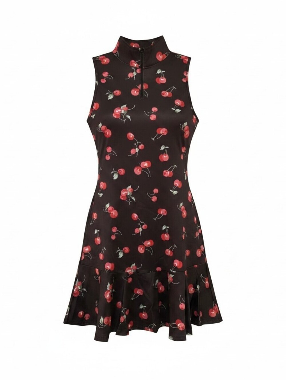 Black Cherry Print Flare Athletic  Tennis Dress With Matching Shorts, Pockets